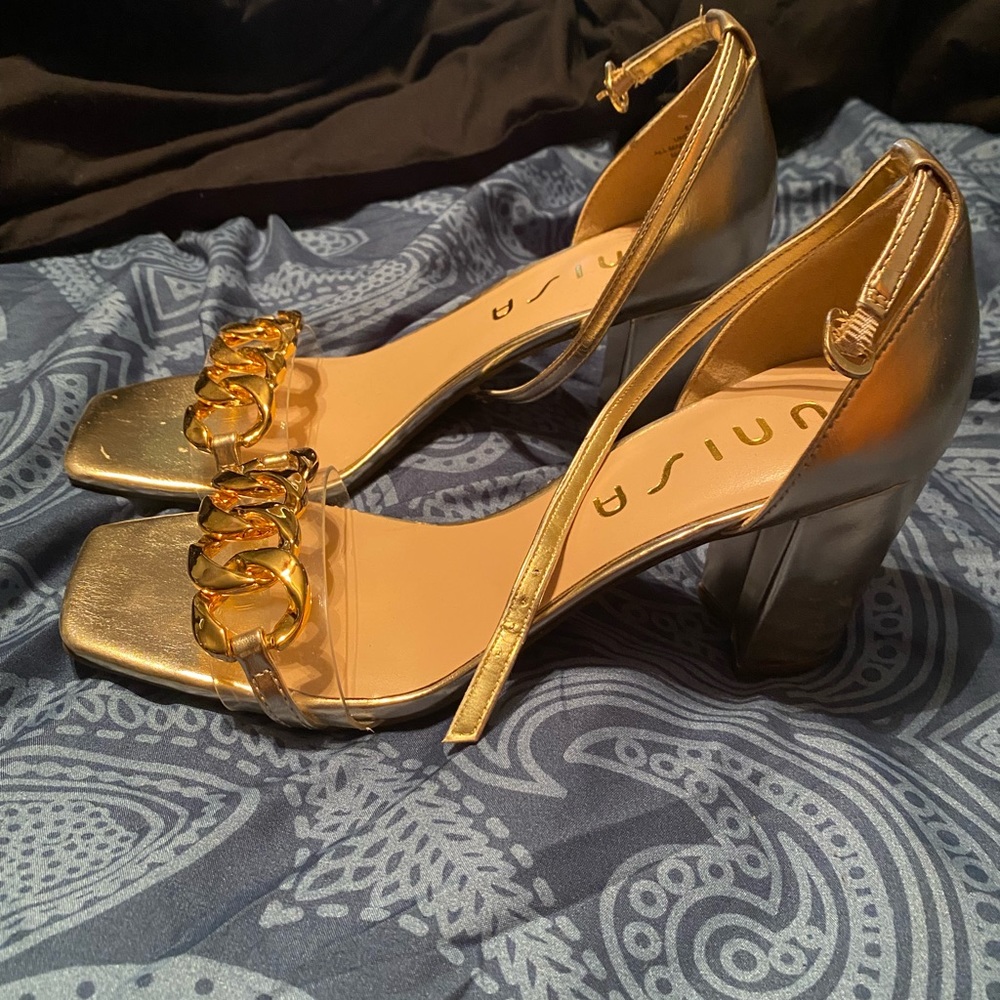 Gold Block Heel Pumps